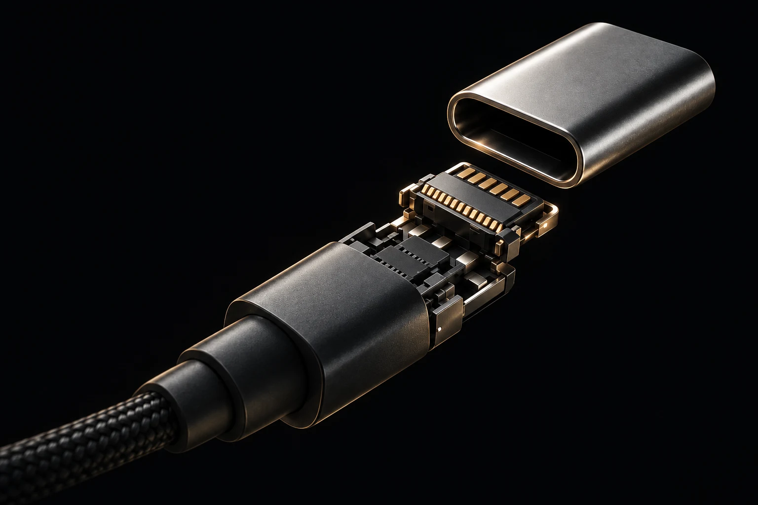 Разобранный штекер USB-C: плетёный кабель, корпус, контактная вставка и металлическая оболочка