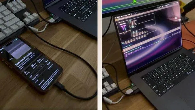 iPhone, подключённый кабелем USB-C к MacBook Pro