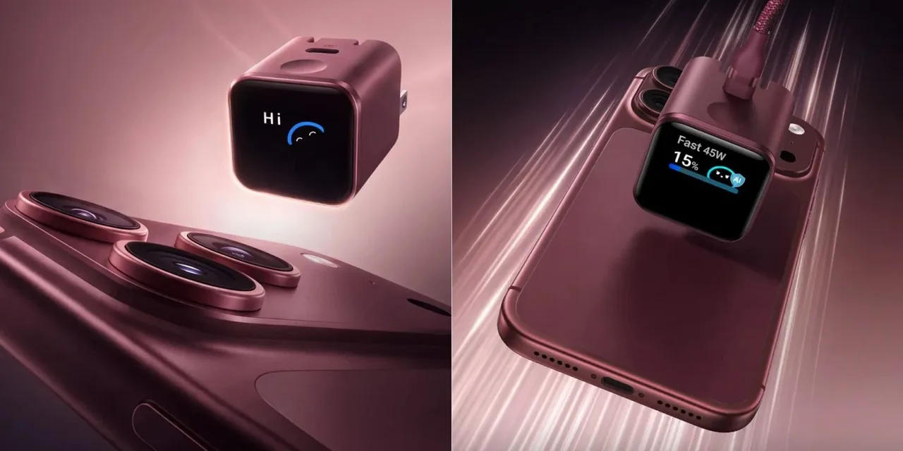 Зарядник Anker Nano 45W со смарт-дисплеем в цвете Burgundy рядом со смартфоном
