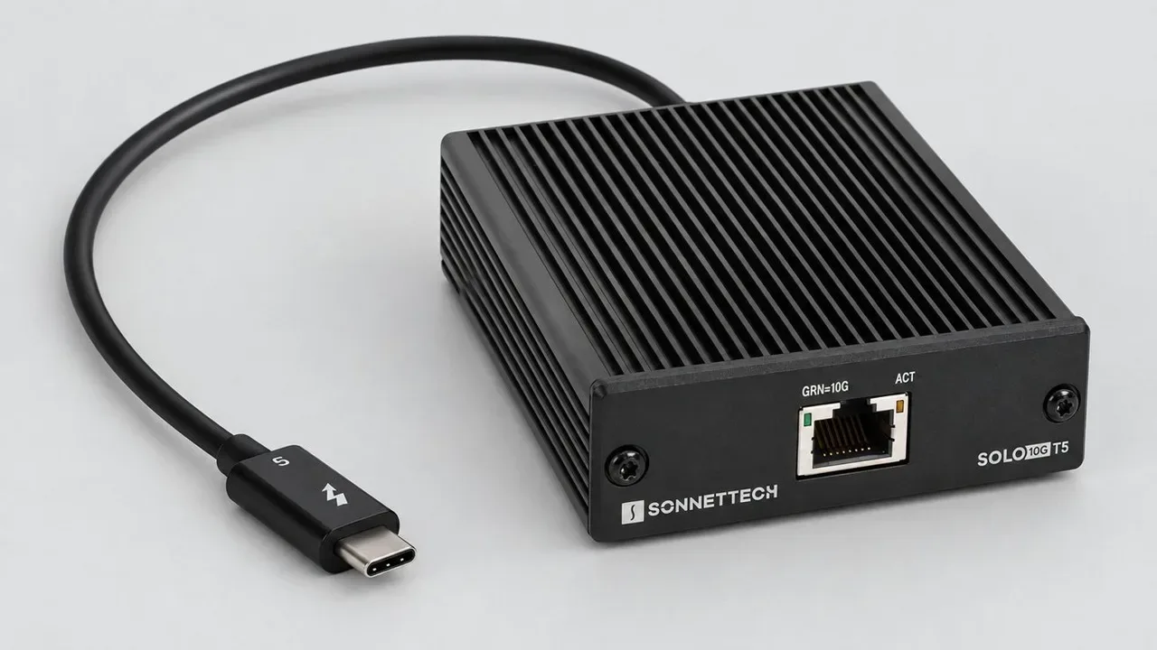 Адаптер Sonnet Solo10G T5 с кабелем Thunderbolt 5: алюминиевый корпус, порт Ethernet, маркировка SOLO10G T5