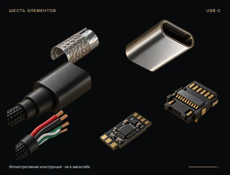 Элементы кабеля USB-C по отдельности: оплётка с экраном, корпус штекера, провода, плата и контактная вставка