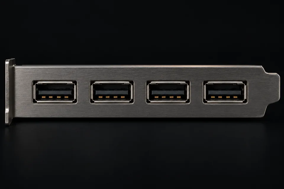 Одна горизонтальная металлическая планка с четырьмя гнёздами USB-A в один ряд.
