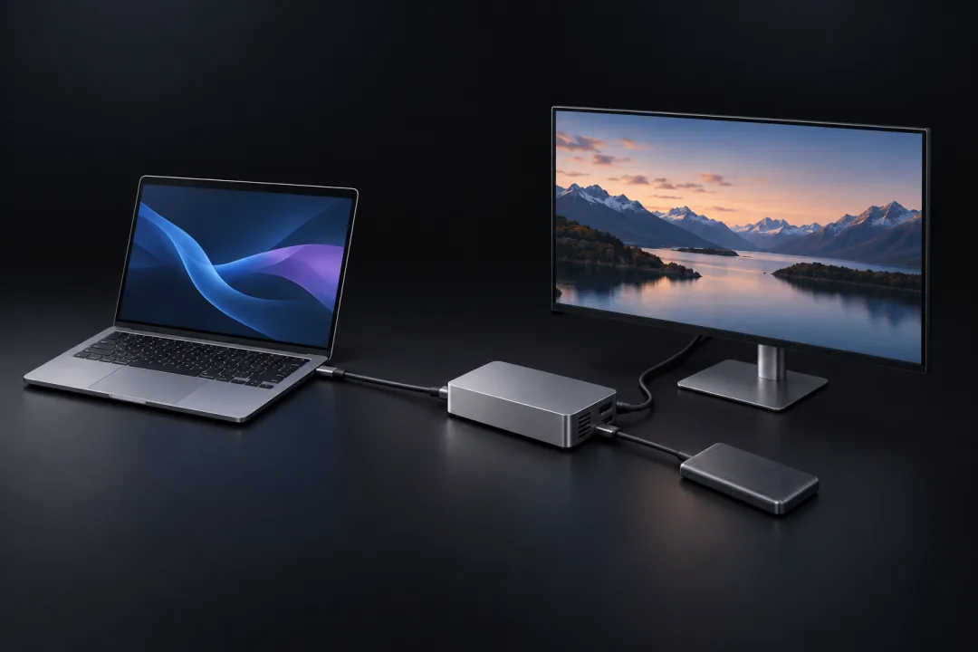 Ноутбук подключён кабелем USB-C к док-станции. К доку подключены монитор и USB-накопитель.